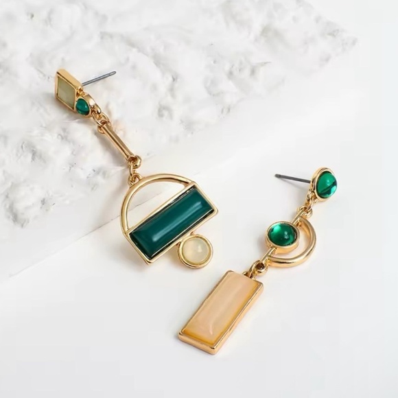 Anthropologie Gold and Green Asymmetrical Geometric Earrings - Picture 2 of 11